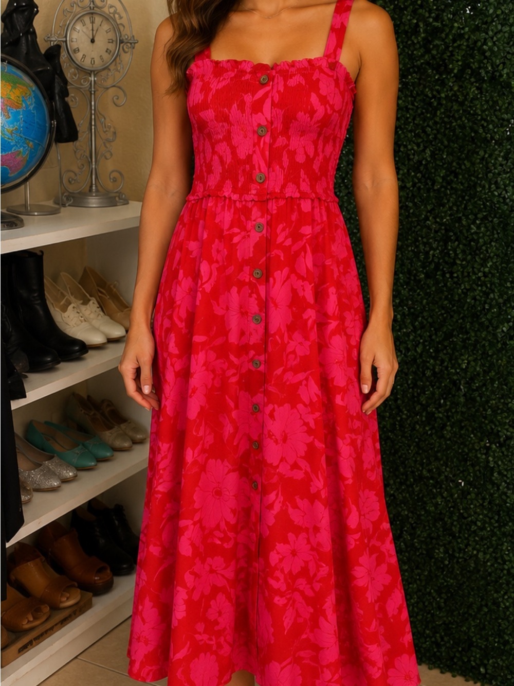 Girls' Hot Pink & Red Floral Button-Front Sundress. #225
